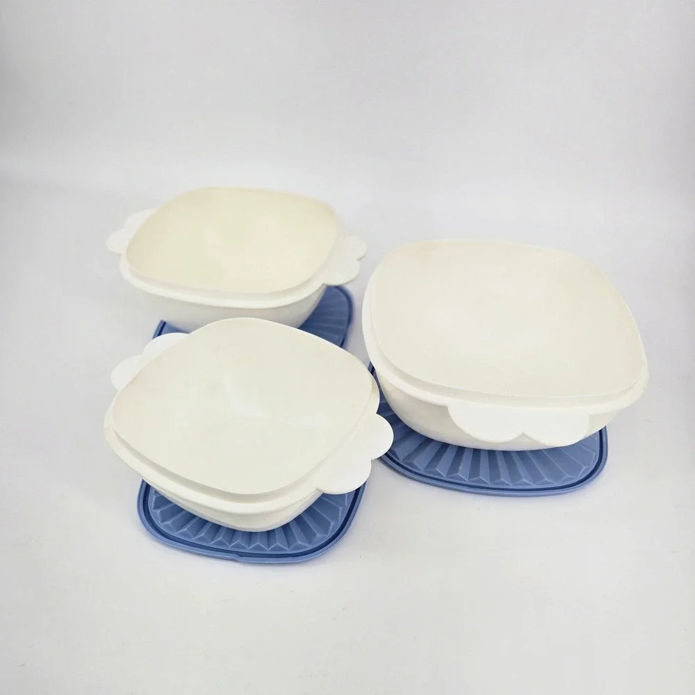 Vintage Tupperware Servalier Nesting Bowl Set White Cornflower Blue 3pc Set 90s